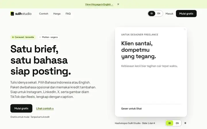 Sulih Studio home page: one brief turned into a post-ready carousel slide